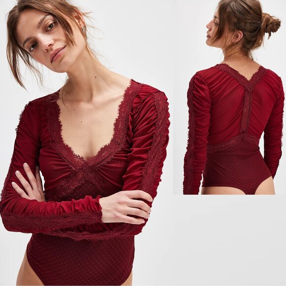 NWT New Free People Forever Young Dark Red Wine Bodysuit Size M - Picture 1 of 9